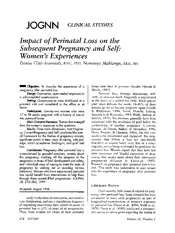 (PDF) Impact of Perinatal Loss on the Subsequent Pregnancy and Self ...