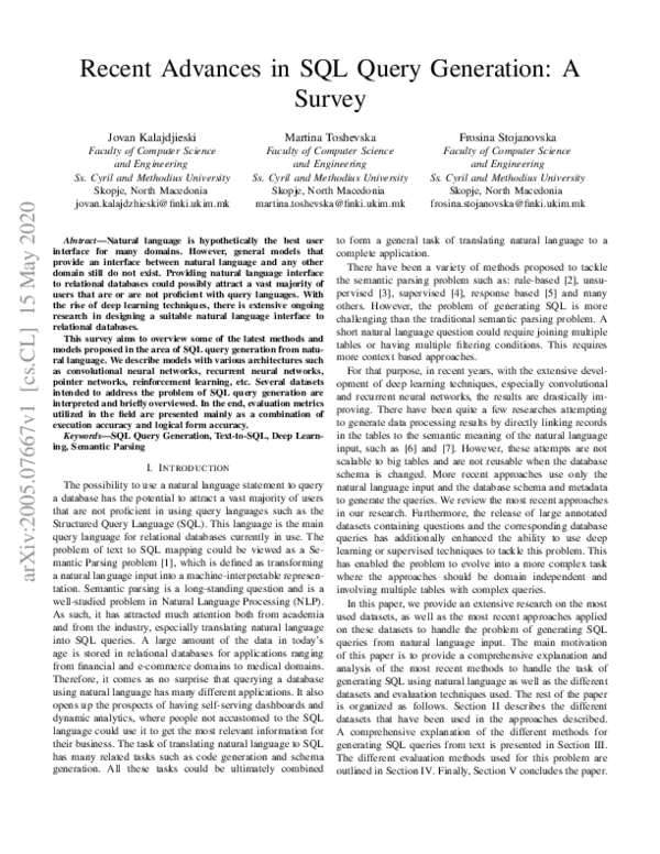 (PDF) Recent Advances in SQL Query Generation: A Survey