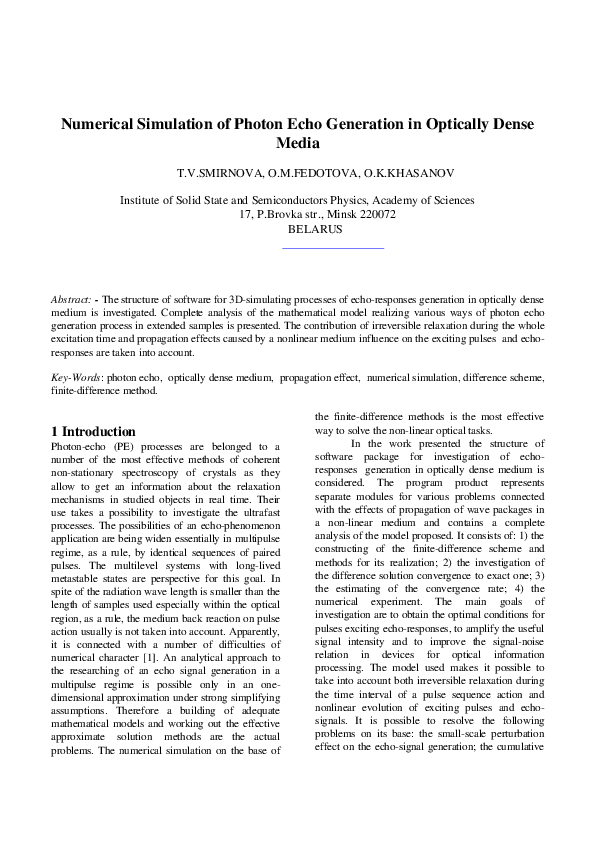 (PDF) Numerical Simulation of Photon Echo Generation in Optically Dense ...