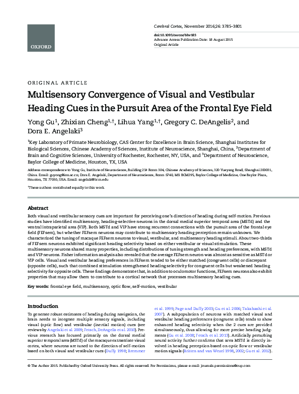 (PDF) Multisensory Convergence of Visual and Vestibular Heading Cues in ...