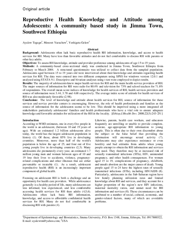 (PDF) Reproductive Health Knowledge and Attitude among Adolescents: A ...