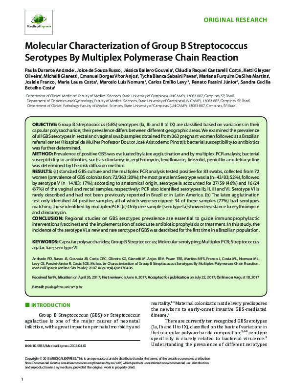 (PDF) Molecular Characterization of Group B Streptococcus Serotypes By ...