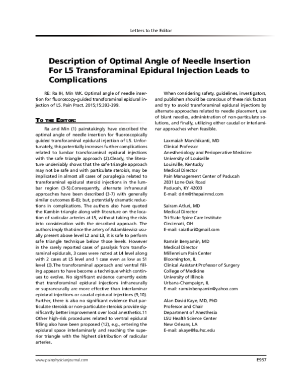 (PDF) Description of Optimal Angle of Needle Insertion For L5 ...