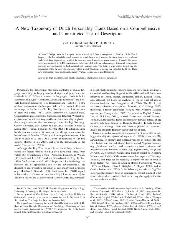 (PDF) A new taxonomy of Dutch personality traits based on a ...