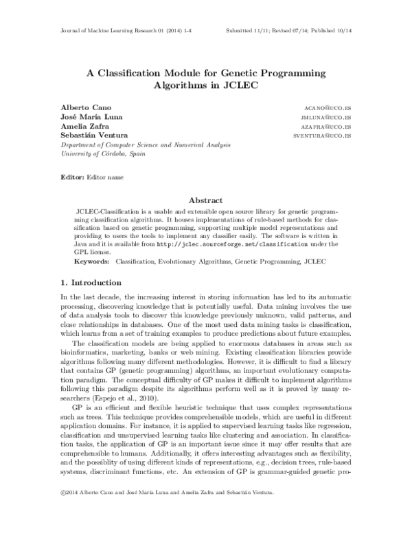 (PDF) A Classification Module for Genetic Programming Algorithms in JCLEC