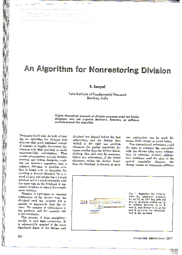 (PDF) An Algorithm for Non-Restoring Division