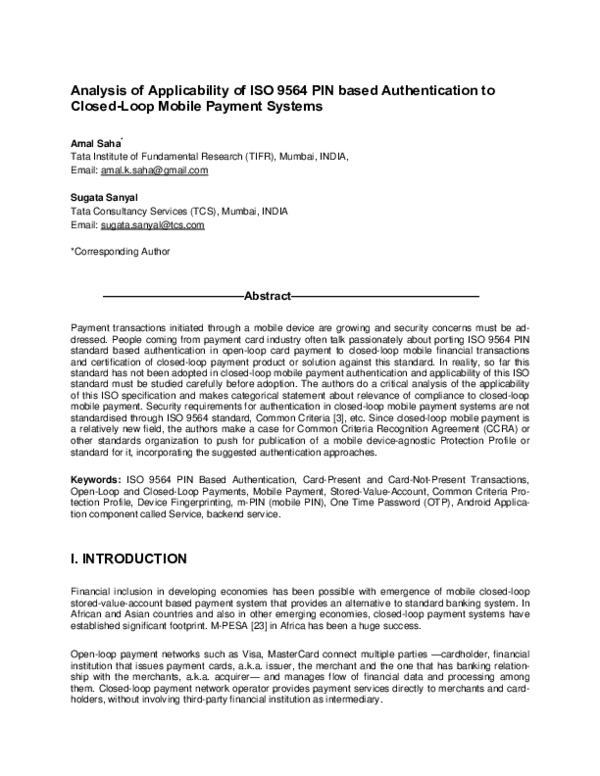 (PDF) Analysis of Applicability of ISO 9564 PIN based Authentication to ...