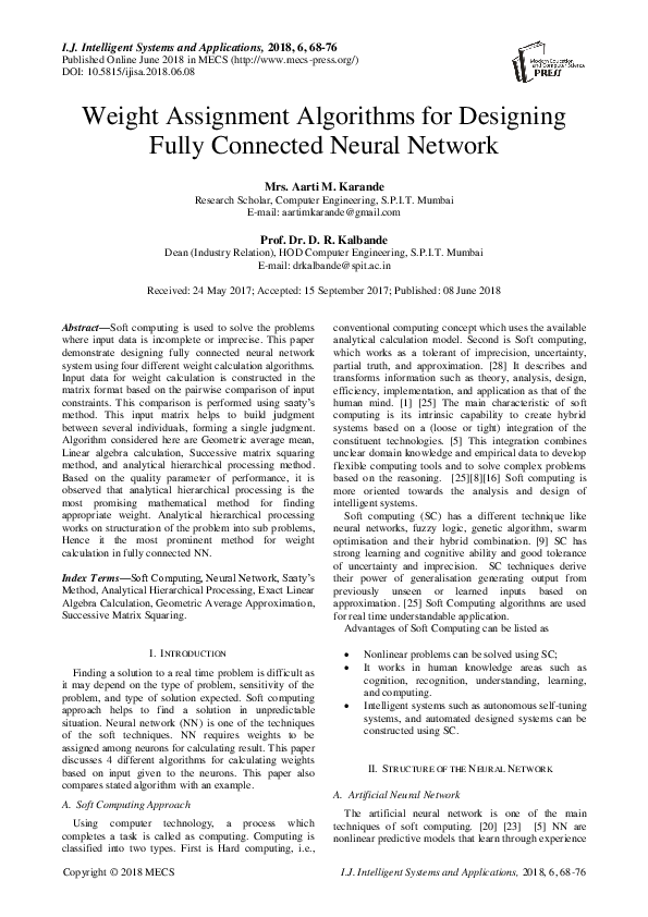 (PDF) Weight Assignment Algorithms for Designing Fully Connected Neural ...