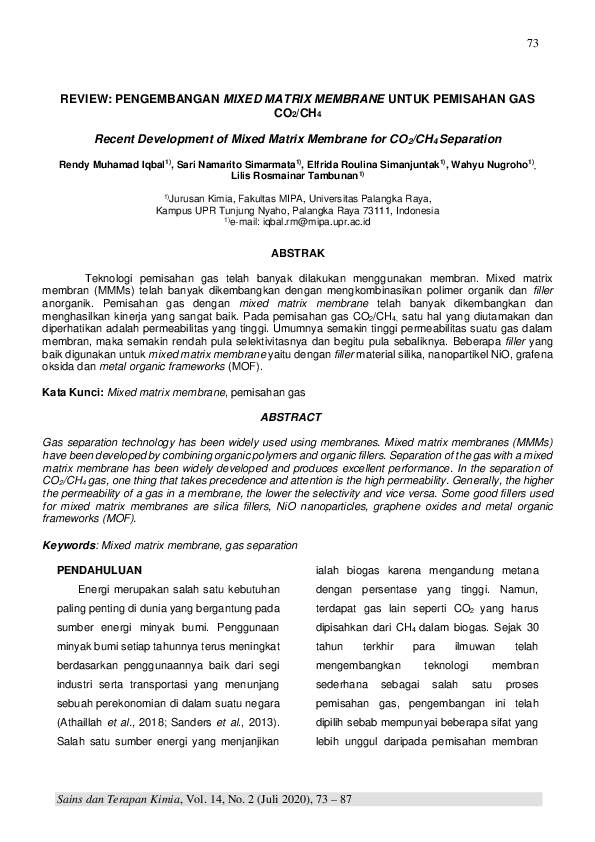 (PDF) Review: Pengembangan Mixed Matrix Membrane Untuk Pemisahan Gas ...
