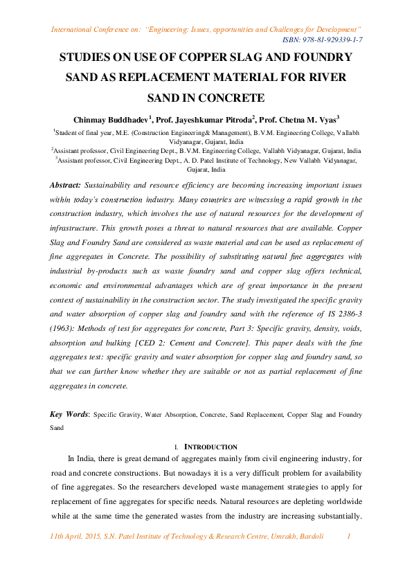 (PDF) Studies on Use of Copper Slag and Foundry Sand as Replacement ...
