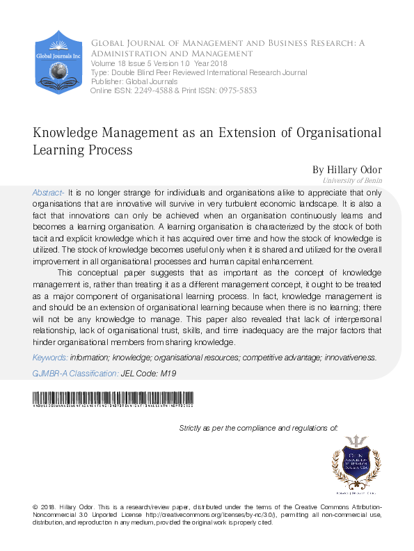 (PDF) Knowledge Management as an Extension of Organisational Learning ...