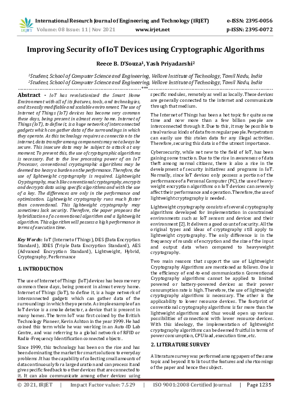(PDF) IRJET - Improving Security of IoT Devices using Cryptographic ...