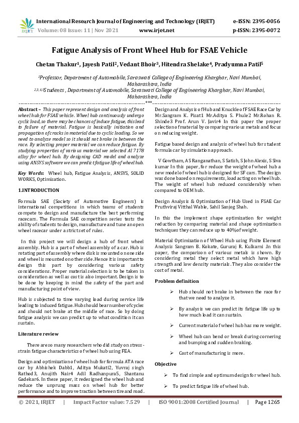 (PDF) IRJET Fatigue Analysis of Front Wheel Hub for FSAE Vehicle