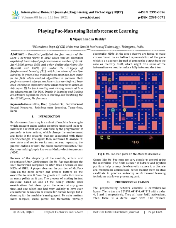 (PDF) IRJET- Playing Pac-Man using Reinforcement Learning