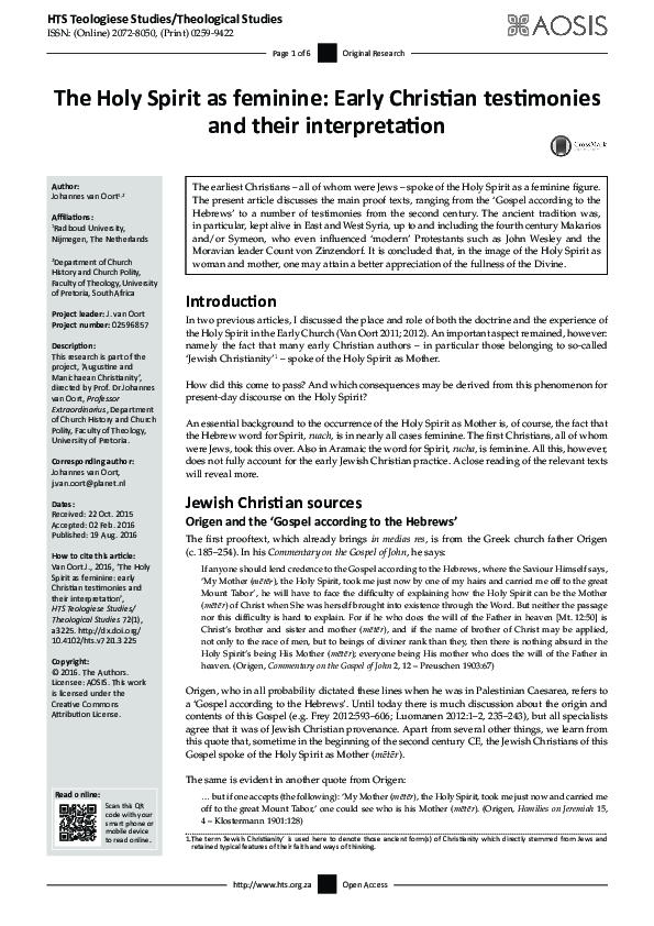 The Holy Spirit as feminine: Early Christian testimonies and their interpretation