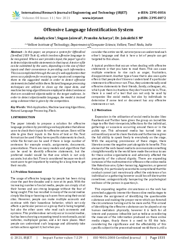 (PDF) IRJET- Offensive Language Identification System