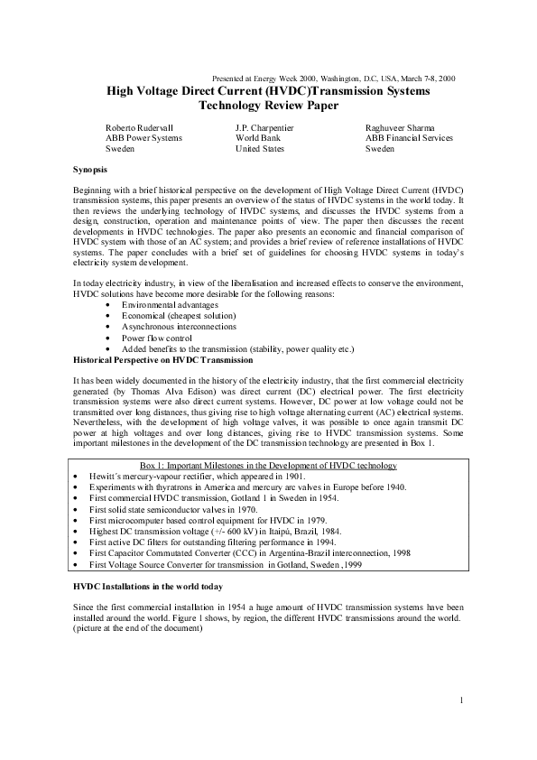 (PDF) High Voltage Direct Current ( HVDC ) Transmission Systems ...
