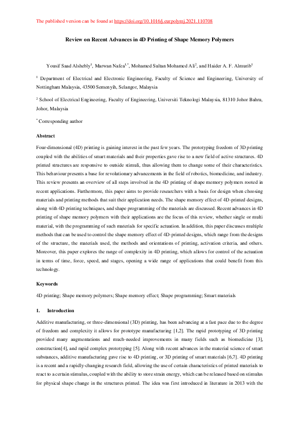 (PDF) Review on Recent Advances in 4D Printing of Shape Memory Polymers