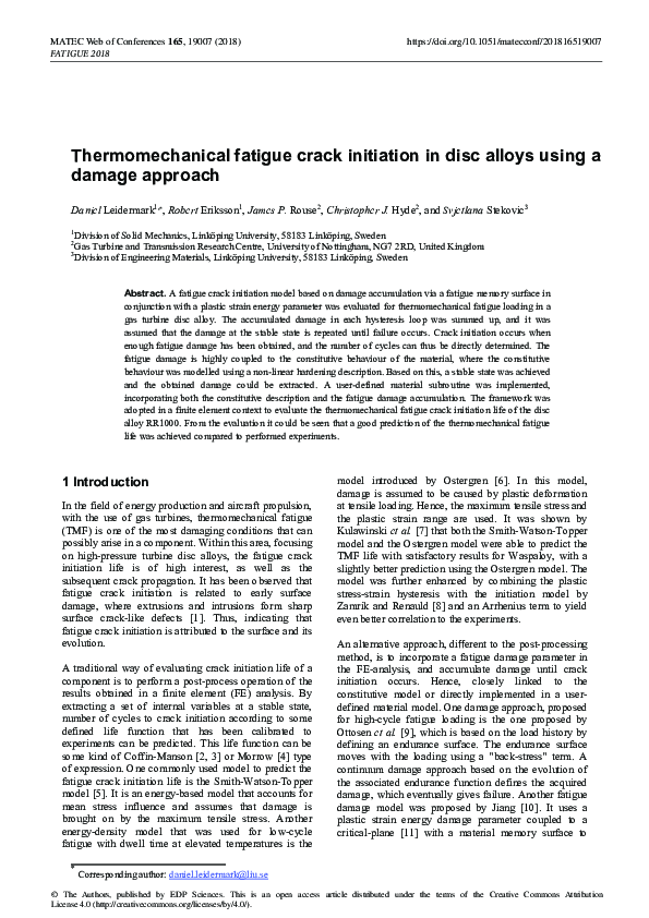 (PDF) Thermomechanical fatigue crack initiation in disc alloys using a ...