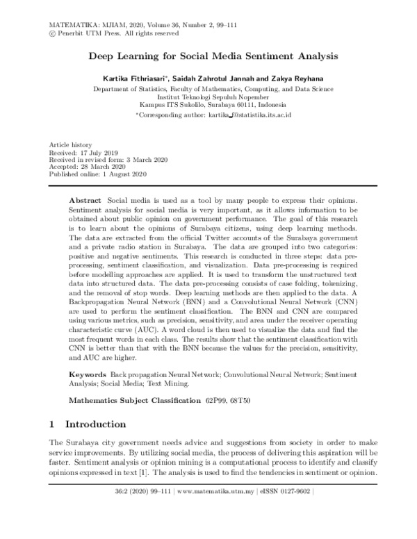 (PDF) Deep Learning for Social Media Sentiment Analysis