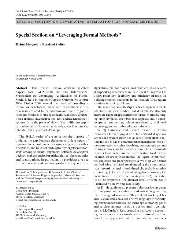 (PDF) Special Section on “Leveraging Formal Methods”