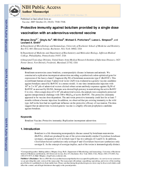 (PDF) Protective immunity against botulism provided by a single dose ...
