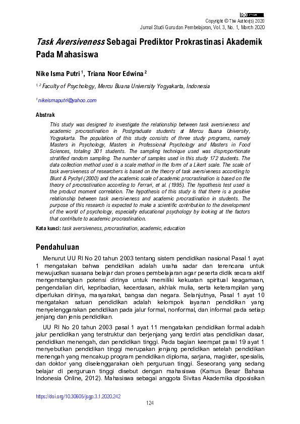 (PDF) Task Aversiveness Sebagai Prediktor Prokrastinasi Akademik Pada ...
