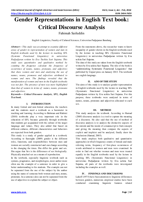 (PDF) Gender Representations in English Text book: Critical Discourse ...