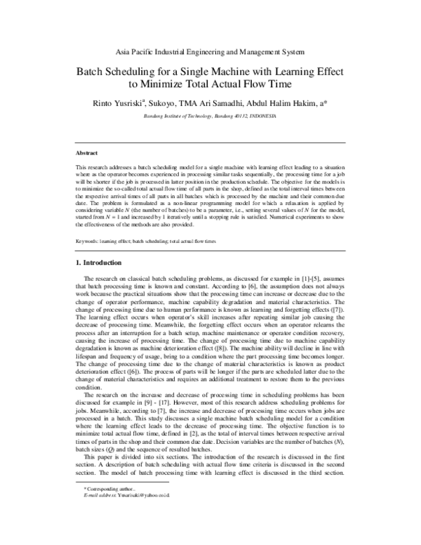 (PDF) Batch Scheduling for a Single Machine with Learning Effect to ...