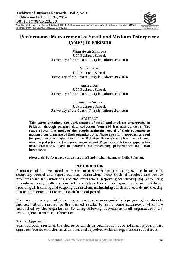 (PDF) Performance Measurement of Small and Medium Enterprises (SMEs) in ...