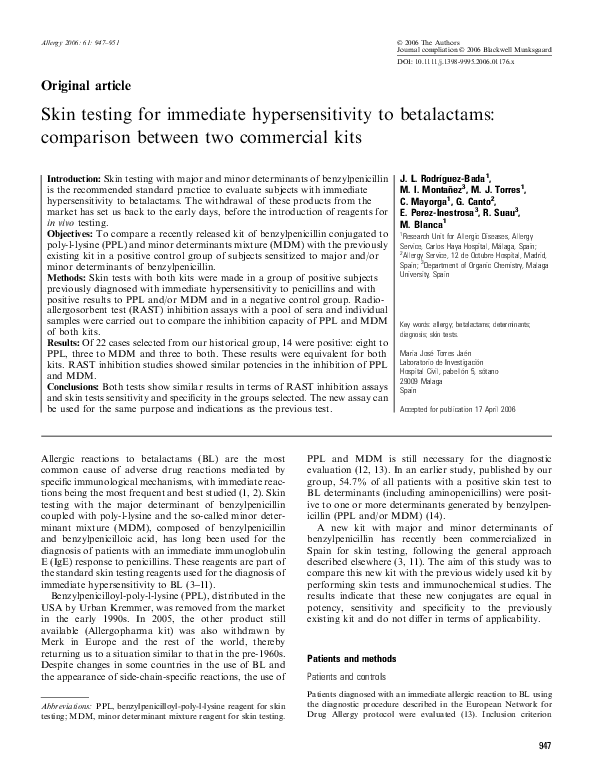 (PDF) Skin testing for immediate hypersensitivity to betalactams ...