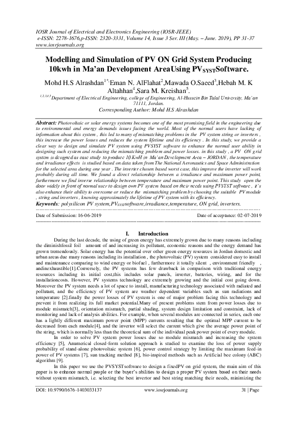(PDF) Modelling and Simulation of PV ON Grid System Producing 10kwh in ...
