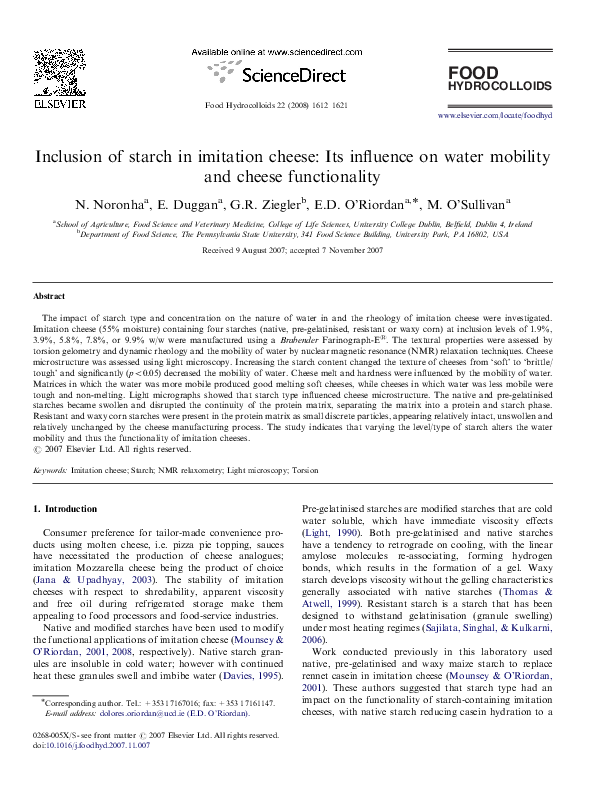(PDF) Inclusion of starch in imitation cheese: Its influence on water ...
