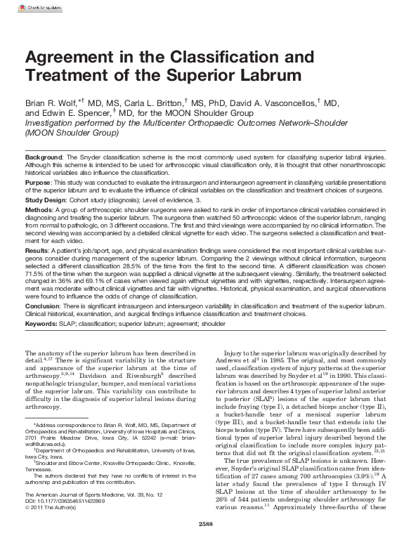 (PDF) Agreement in the Classification and Treatment of the Superior Labrum