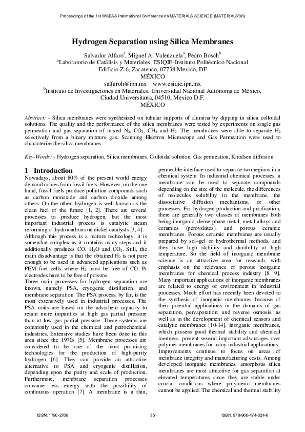 (PDF) Hydrogen Separation using Silica Membranes