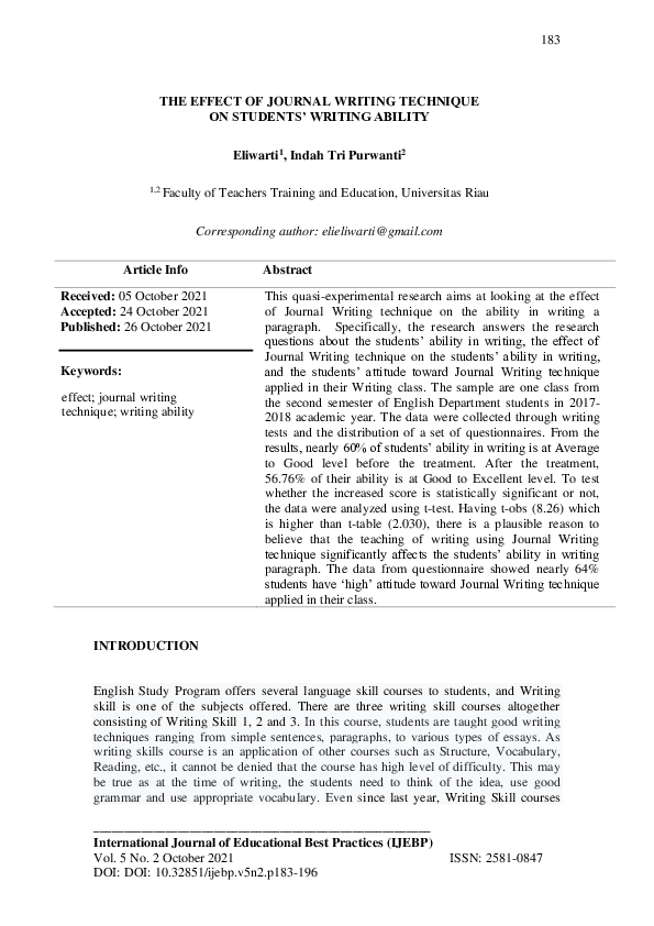 (PDF) The Effect of Journal Writing Technique on Students’ Writing Ability