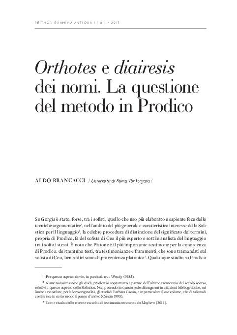 (PDF) Orthotes and Diairesis of Names. The Question of Method in Prodicus