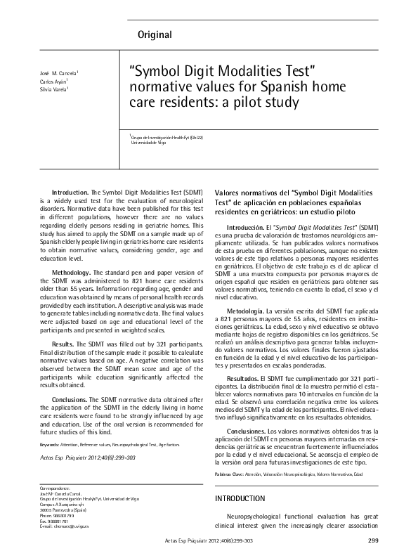 (PDF) Symbol Digit Modalities Test: normative values for Spanish home ...