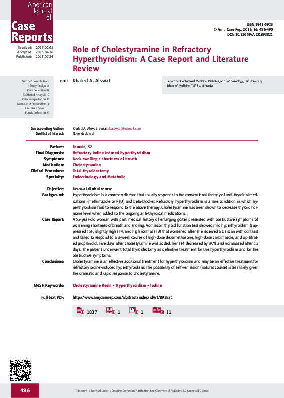 (PDF) Role of Cholestyramine in Refractory Hyperthyroidism A Case
