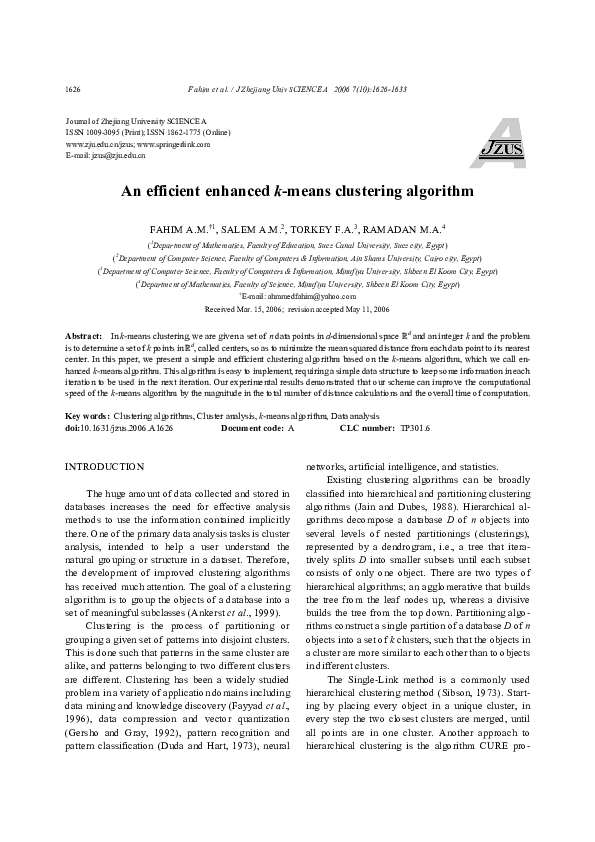 (PDF) An efficient enhanced k -means clustering algorithm
