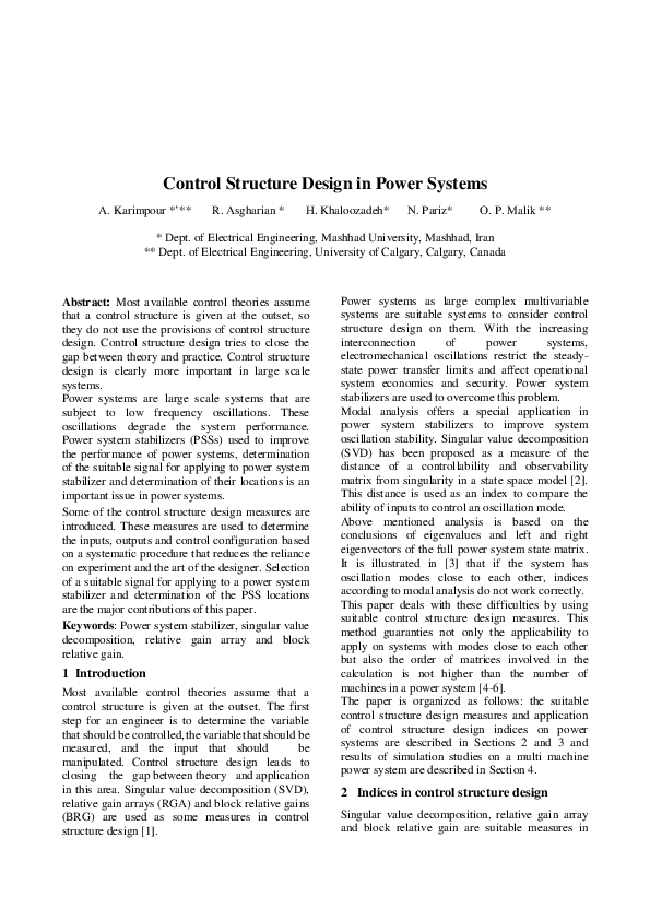 (PDF) Control Structure Design in Power Systems
