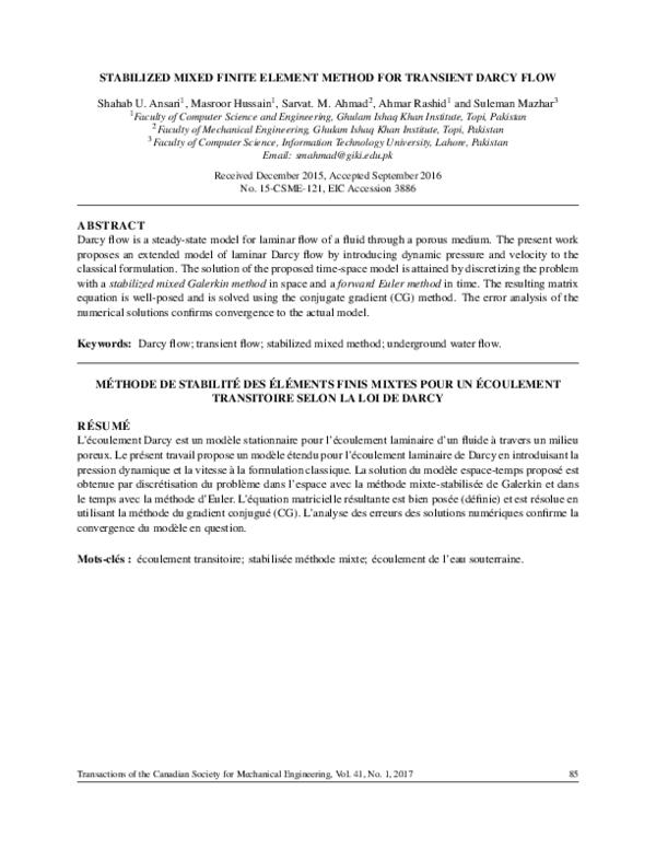 (PDF) Stabilized Mixed Finite Element Method for Transient Darcy Flow