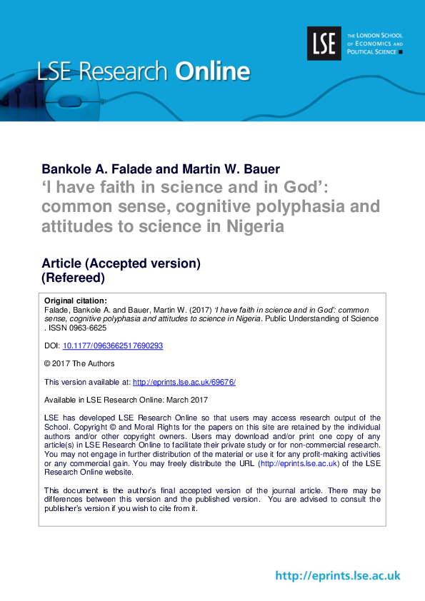 (PDF) I have faith in science and in God': Common sense, cognitive ...