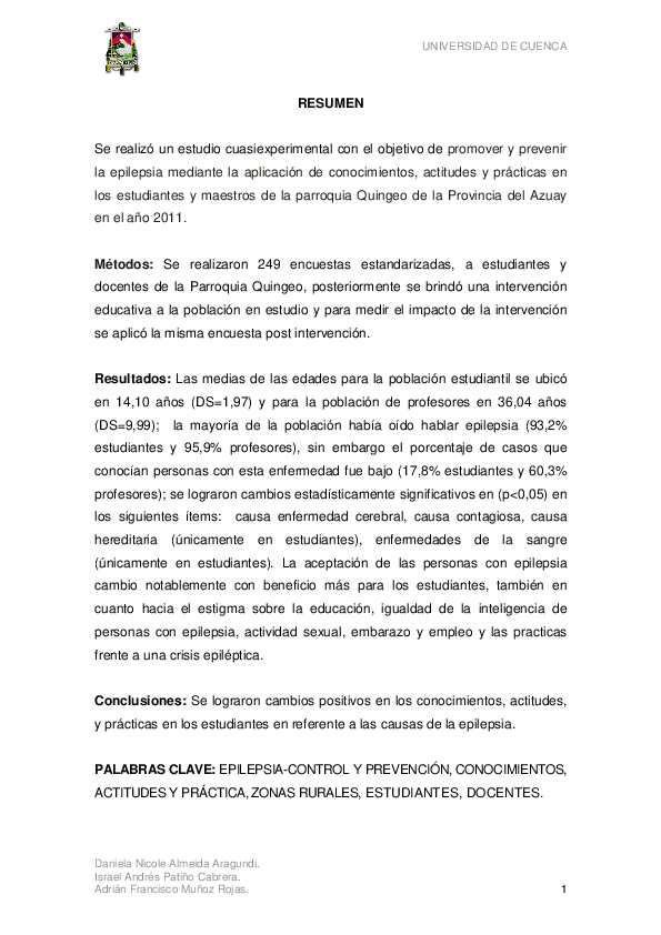 Promover y prevenir la epilepsia en la atención primaria de salud mediante la aplicación de conocimientos, actitudes y prácticas en estudiantes y maestros de la parroquia Quingeo, provincia del Azuay, año 2011