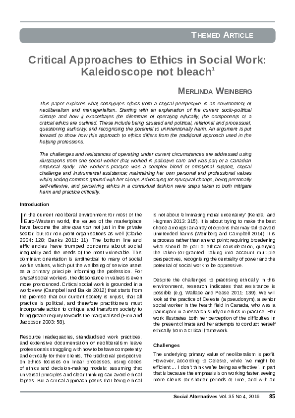 (PDF) Critical Approaches to Ethics in Social Work: Kaleidoscope Not ...