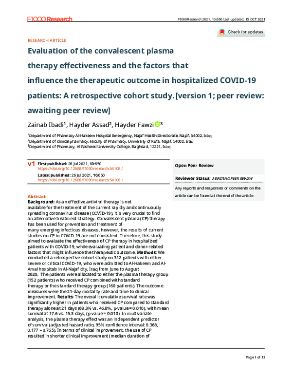 (PDF) Evaluation of the convalescent plasma therapy effectiveness and ...