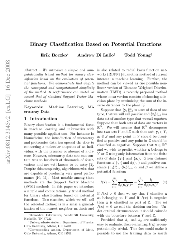 (PDF) Binary Classification Based on Potentials | Andrew Di Lullo ...