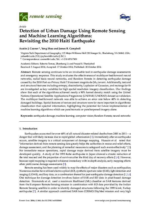 (PDF) Detection of Urban Damage Using Remote Sensing and Machine ...