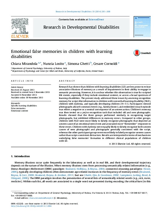 (PDF) Emotional false memories in children with learning disabilities
