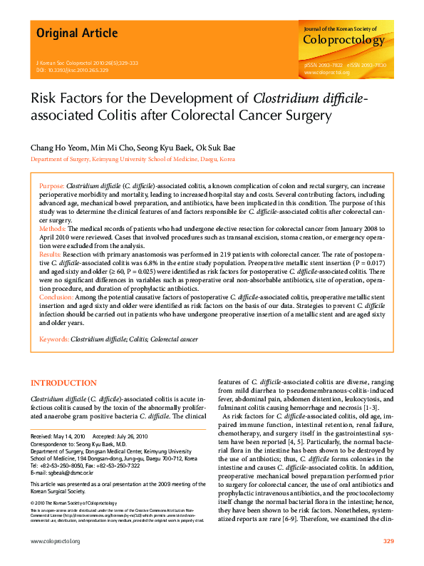 (PDF) Risk factors for the development of Clostridium difficile ...